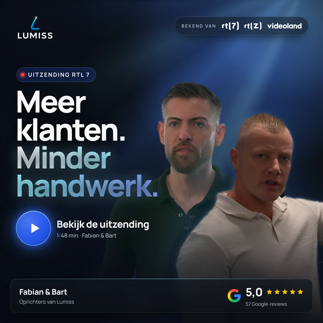 Fabian en Bart, oprichters van Lumiss, met de tekst Meer klanten. Minder handwerk. Bekijk de uitzending op RTL 7