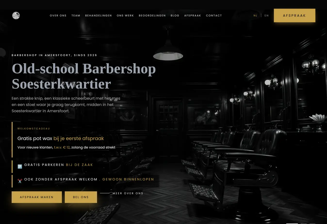 Website van Barbershop Soesterkwartier, gerealiseerd door Lumiss