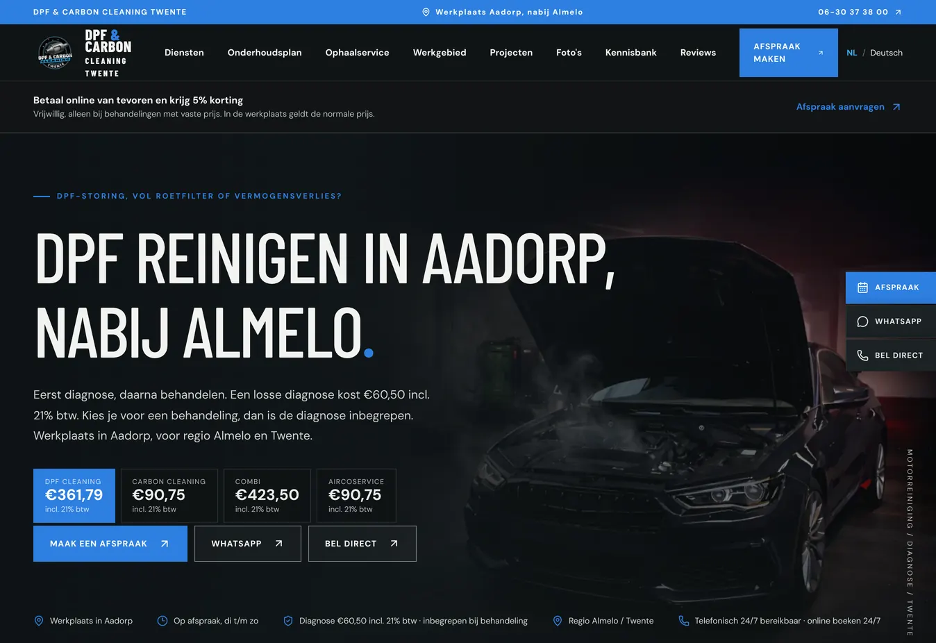 Website van DPF & Carbon Cleaning Twente op een laptop, gemaakt door Lumiss