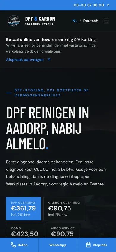 Mobiele website van DPF & Carbon Cleaning Twente