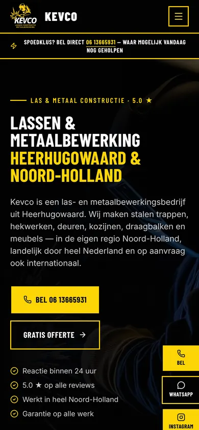 Mobiele website van Kevco Las- en Metaalbewerking